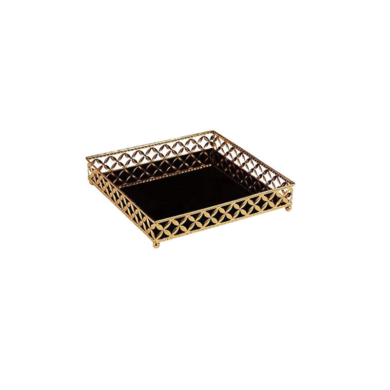 Bandeja Quadrada Dourada em Metal com Espelho Preto 17cm