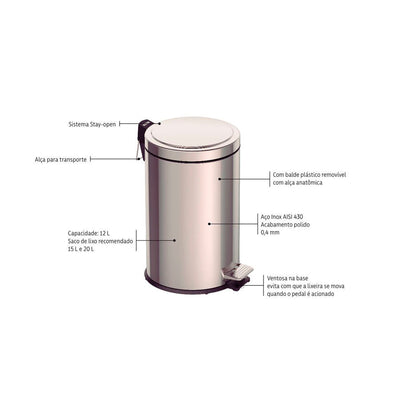 Lixeira com Pedal Tramontina Inox Polido 12 Litros