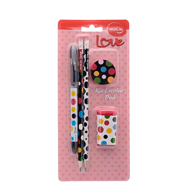 Kit Escolar 2 Lápis + Caneta + Apontador Love Poa - Molin