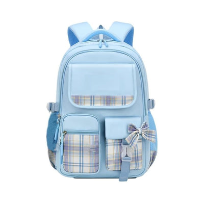Mochila Escolar Feminina Com Laço Azul Quadriculada