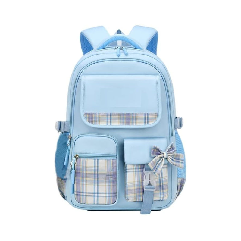 Mochila Escolar Feminina Com Laço Azul Quadriculada
