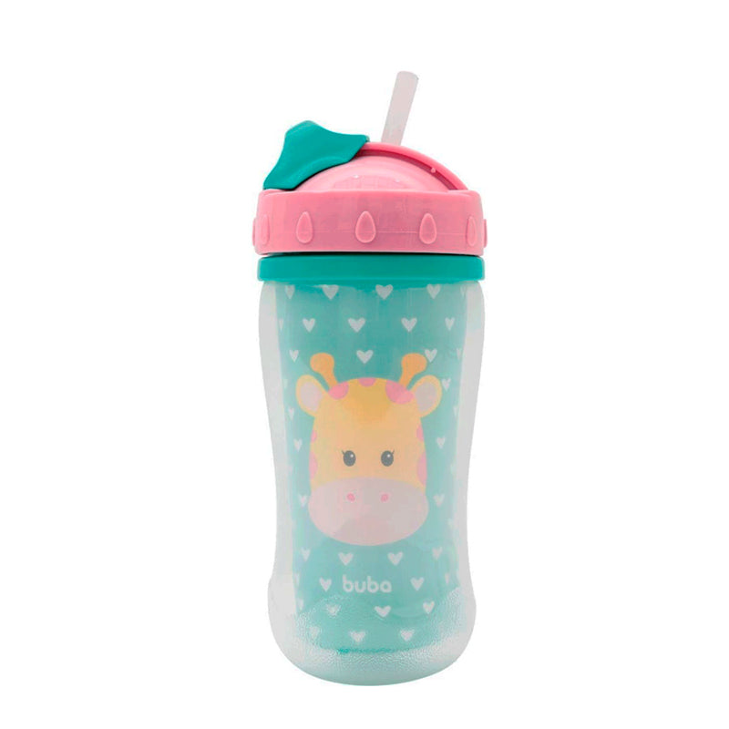 Copo Parede Dupla 320ml  Com Canudo Animal Fun - Girafa