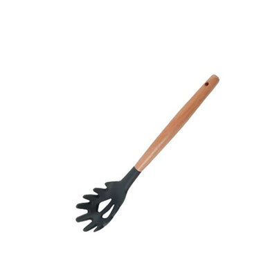 Colher de Silicone Preto Para macarrão Cabo Madeira