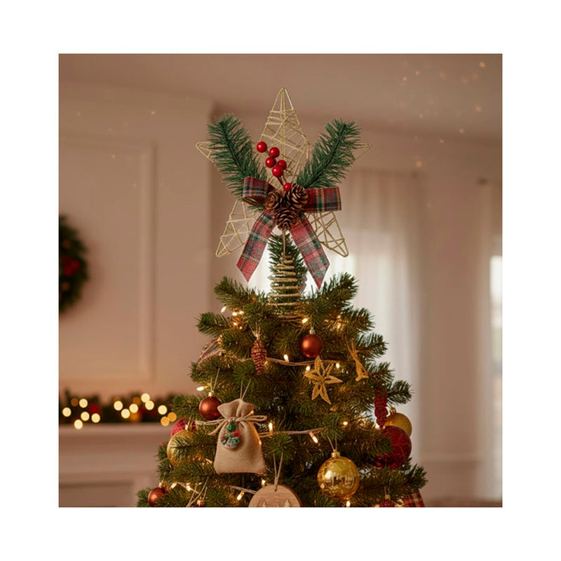 Estrela Decorativa de Natal com Laço e Pinhas - 25cm