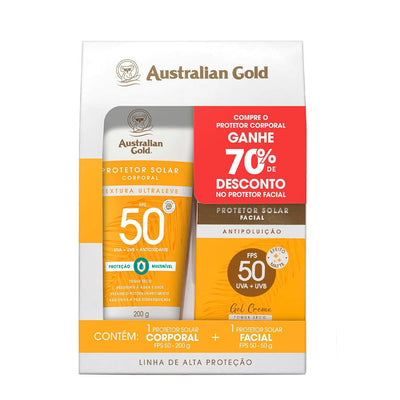 KIT AUSTRALIAN GOLD PROTETOR SOLAR CORPORAL FPS 50 200G + PROTETOR SOLAR FACIAL FPS 50 ANTIPOLUIÇÃO 50G