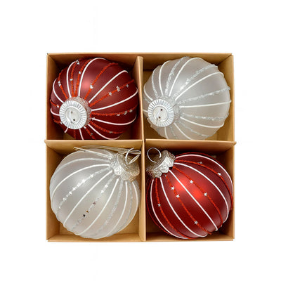 Kit 4 Bolas de Natal Vermelhas e Prateadas com Glitter e Estrelas - 8cm