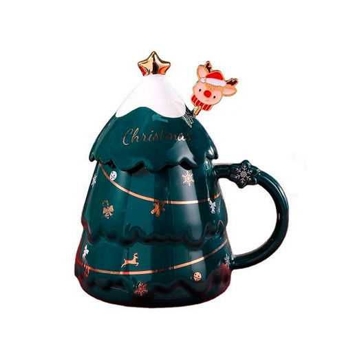 Caneca Natalina Árvore de Natal com Tampa e Mexedor - Cores Diversas