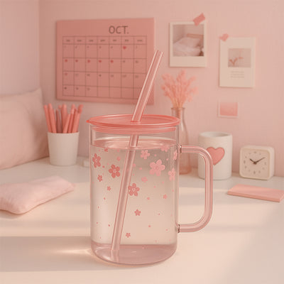 Caneca de Vidro Sakura com Tampa e Flores - 1L