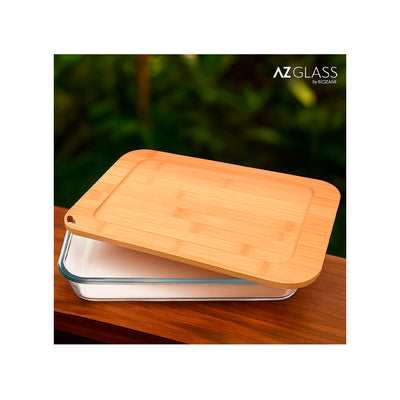 Travessa de Vidro Retangular com Tampa de Bambu 2,2L - AZ Glass