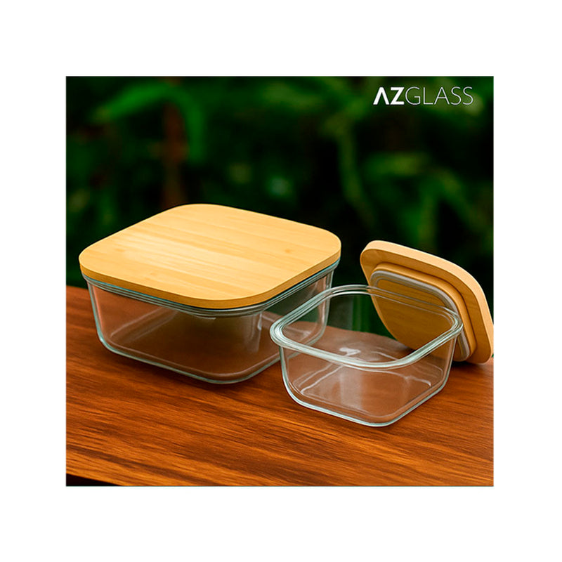 Travessa de Vidro Quadrada com Tampa de Bambu 1,1L - AZ Glass