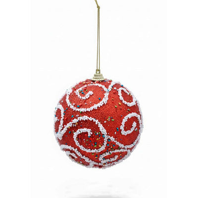 Kit 6 Bolas de Natal Vermelhas com Glitter e Arabescos Brancos em Relevo - 10cm