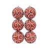Kit 6 Bolas de Natal Vermelhas com Glitter e Arabescos Brancos em Relevo - 10cm