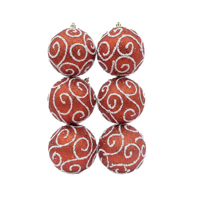 Kit 6 Bolas de Natal Vermelhas com Glitter e Arabescos Brancos em Relevo - 10cm