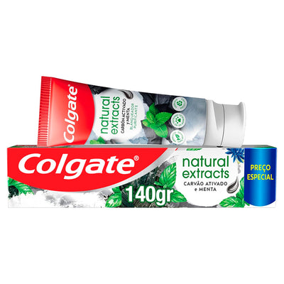 Colgate Creme Dental Vegano Natural Extracts Carvão e Menta, Dentes Mais Brancos, Sem Glúten, Com Flúor, 140g
