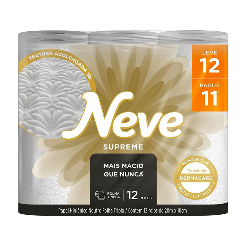 Papel Higiênico Neve Supreme Folha Tripla, 20m, Leve 12 Pague 11 Rolos