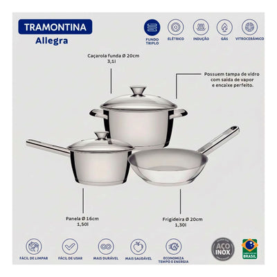 Jogo de Panelas Tramontina Allegra Aço Inox Fundo Triplo - 3 Peças