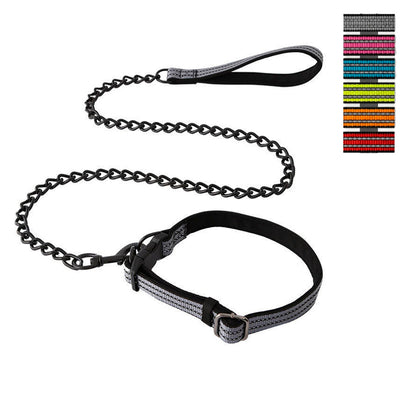 Guia com Coleira Refletiva e Corrente de Aço -120cm