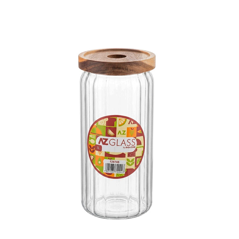 Pote Hermético Cilíndrico de Vidro Canelado com Tampa de Madeira AZ Glass - 1L