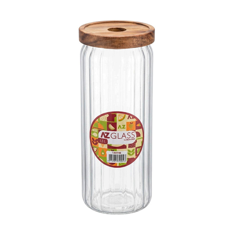 Pote Hermético de Vidro Canelado com Tampa de Madeira AZ Glass - 1,3L