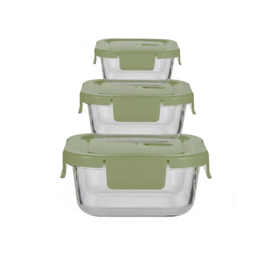 Conjunto 3 Peças Pote de Vidro Quadrado Green Life - 310ml, 520ml e 800ml