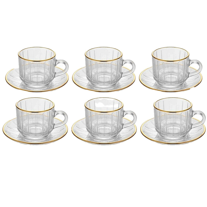 Jogo de Xícaras Com Pires Vidro Canelado Fio Dourado Deli Glass - 12 Peças