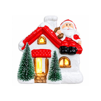 Mini Casa Decorativa de Natal em Cerâmica com LED Papai Noel no Telhado