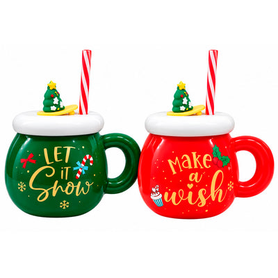Caneca Natalina com Tampa Decorativa e Canudo - 350ml