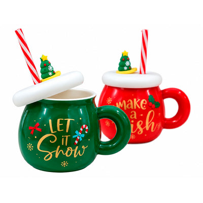 Caneca Natalina com Tampa Decorativa e Canudo - 350ml