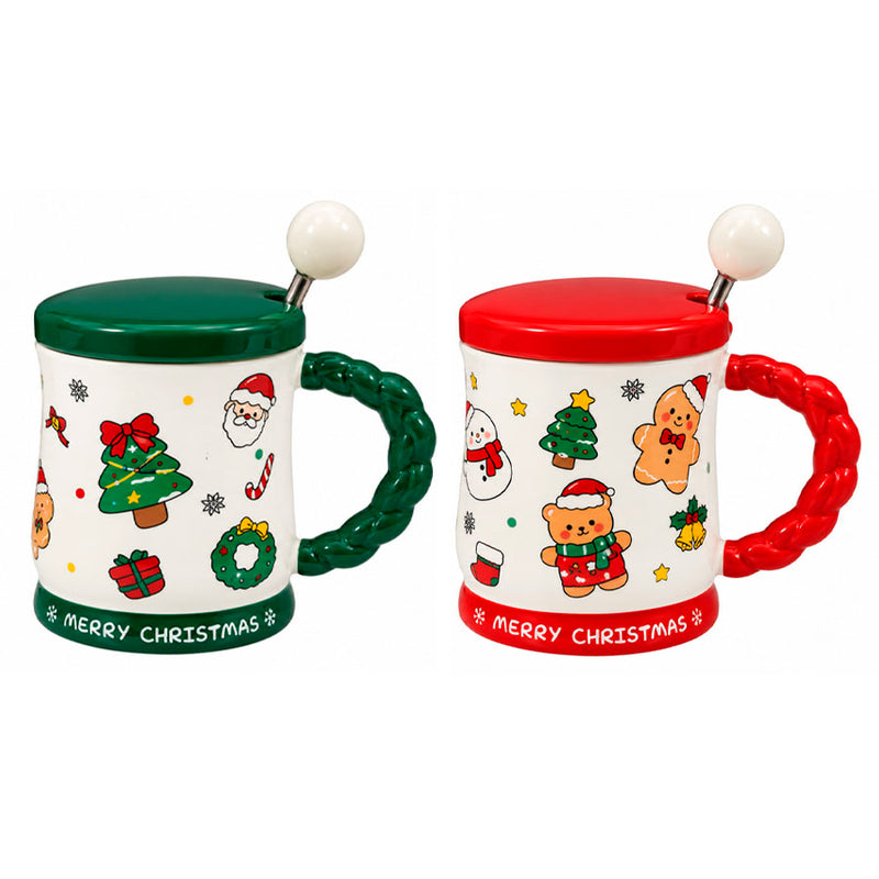 Caneca Natalina de Cerâmica com Tampa e Colher - 300ml