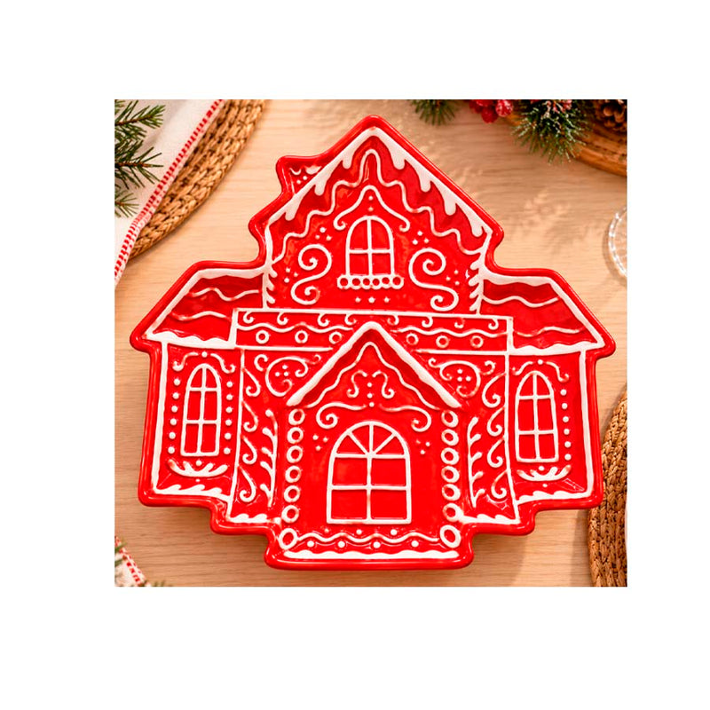 Prato Travessa de Cerâmica Casinha Vilarejo Vermelha - 27x27x2,5cm