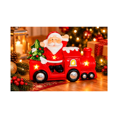 Enfeite Decorativo Papai Noel no Trem com Luz de LED Cerâmica - 19,5cm