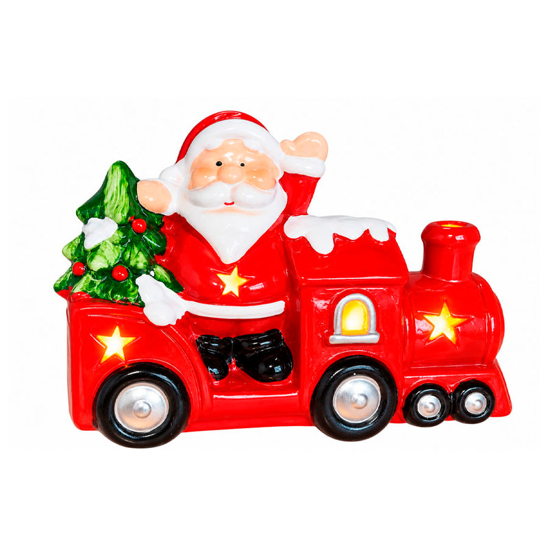 Enfeite Decorativo Papai Noel no Trem com Luz de LED Cerâmica - 19,5cm