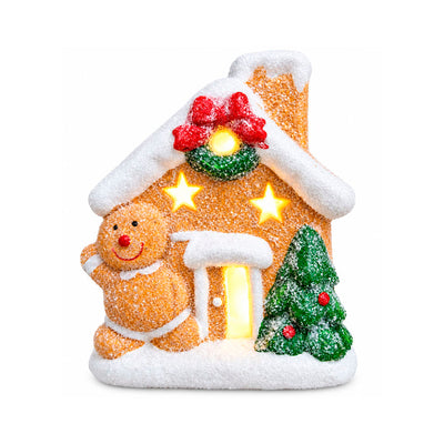 Mini Casinha de Biscoito Natalina em Cerâmica com LED e Neve Decorativa - 11,5cm