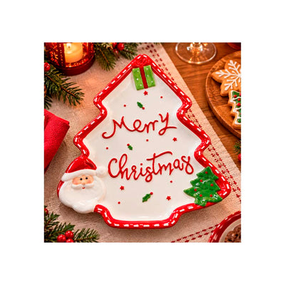 Prato Travessa de Cerâmica Árvore Merry Christmas - 31x26cm