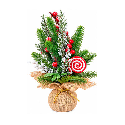 Mini Arranjo de Mesa Natalino Cereja Nevada e Pirulito Candy com Base de Juta - 30cm