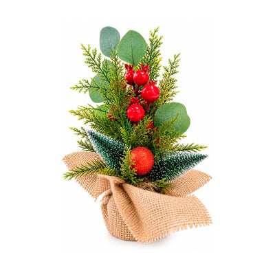 Mini Arranjo Natalino Decorativo Cereja e Folhagem com Vaso de Juta - 30cm