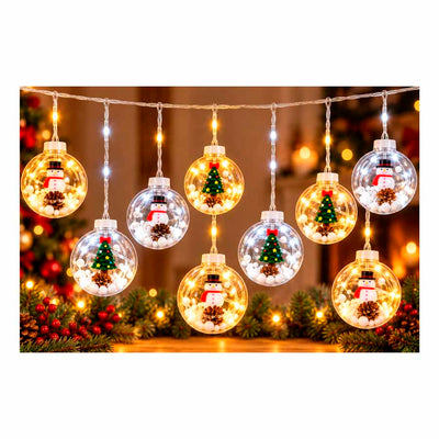 Cascata de Luz LED Natalina com 10 Bolas Decoradas Personagens Sortidos - LED Branca Fria (3m x 60cm)