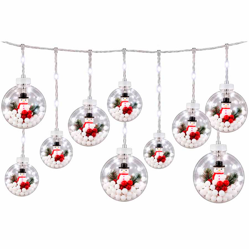 Cascata de Luz LED Natalina com 10 Bolas Decoradas Personagens Sortidos - LED Branca Fria (3m x 60cm)