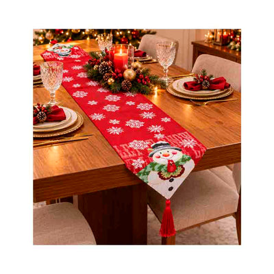 Caminho de Mesa Jacquard Natalino Boneco de Neve Vermelho - 33x178 cm