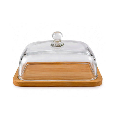 MANTEIGUEIRA COM TAMPA DE VIDRO E BASE DE BAMBU 17,5CM