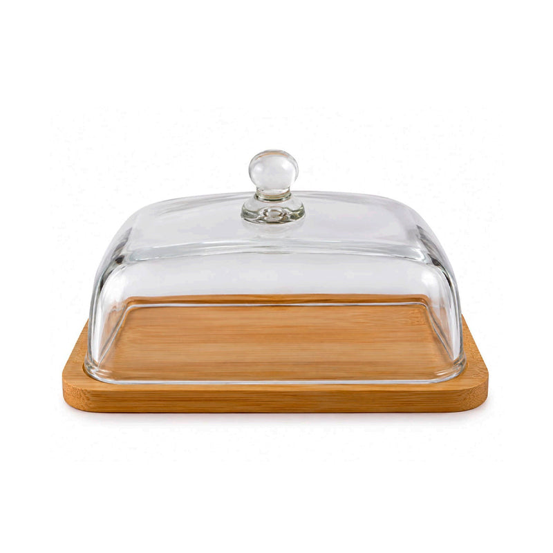 Manteigueira com Tampa de Vidro e Base de Bambu 17,5cm