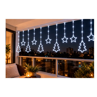 Cortina Led Natalina Árvores e Estrelas Braco Frio - 3m