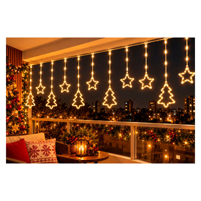 Cortina Led Natalina Árvores e Estrelas Amarelo Quente - 3m