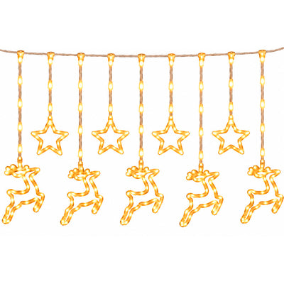 Cortina Led Natalina Estrelas e Renas Amarelo Quente - 3m