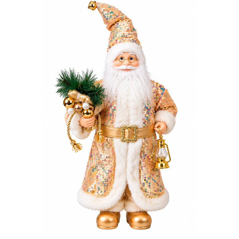Papai Noel Decorativo Dourado com Saco de Presentes e Lanterna  - 45 cm