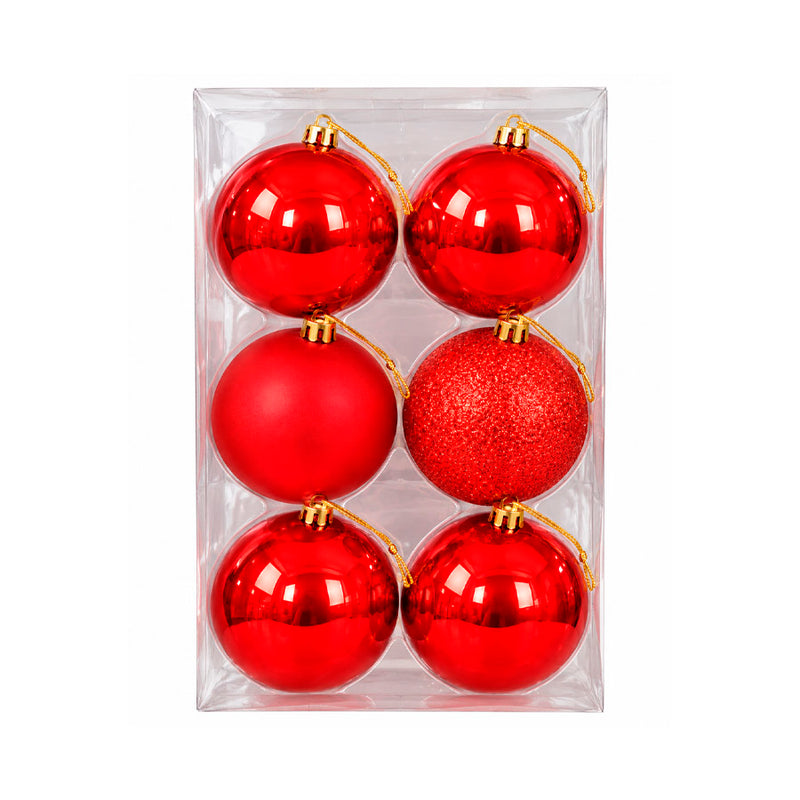 Conjunto de Bolas de Natal Plásticas Vermelhas Acabamento Misto 8cm - 6 Peças