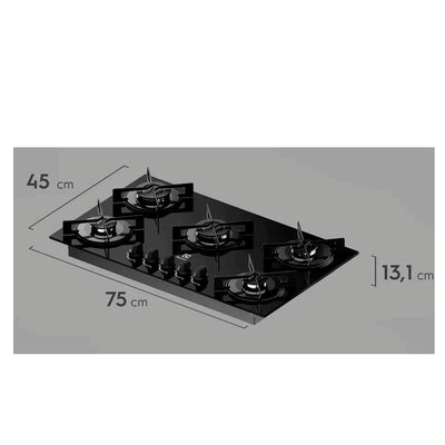 Cooktop 5 Bocas Gás Electrolux Mesa de Vidro Efficient Tripla Chama e Grade Aço Fosco (KE5GT) - Bivolt