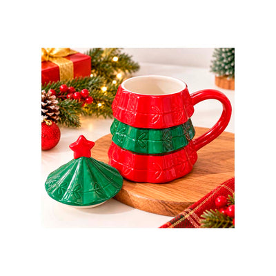 Caneca de Cerâmica Árvore Verde e Vermelha com Tampa - 200ml