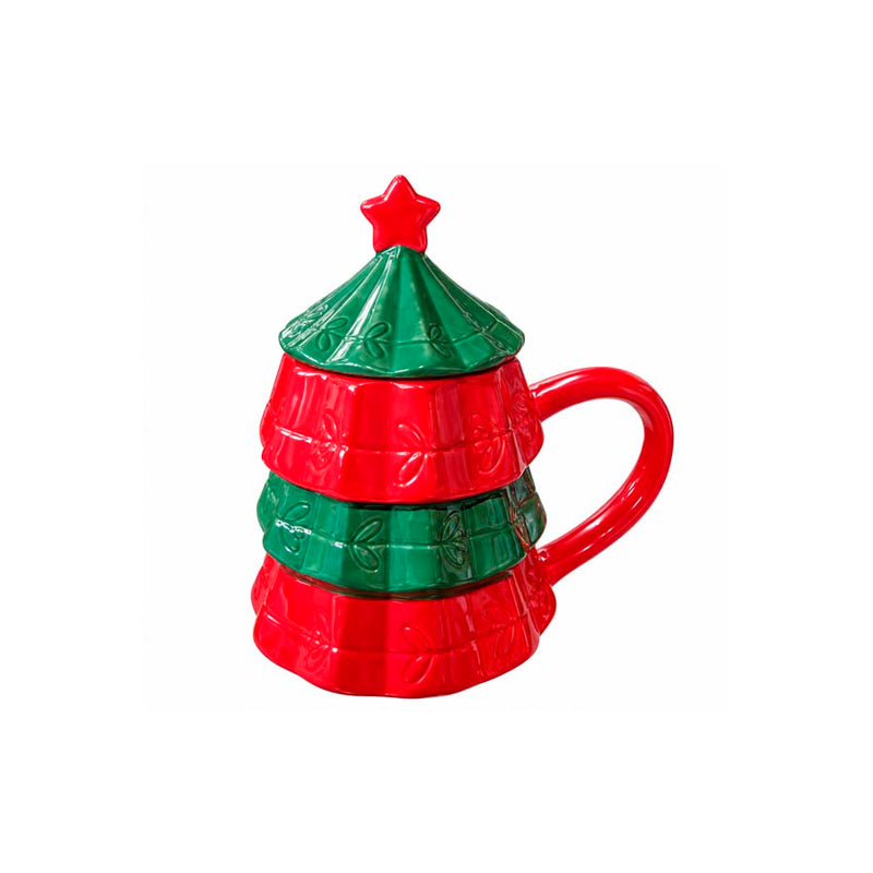 Caneca de Cerâmica Árvore Verde e Vermelha com Tampa - 200ml