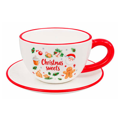Xícara e Pires de Cerâmica Natalino Christmas Sweets - 250ml